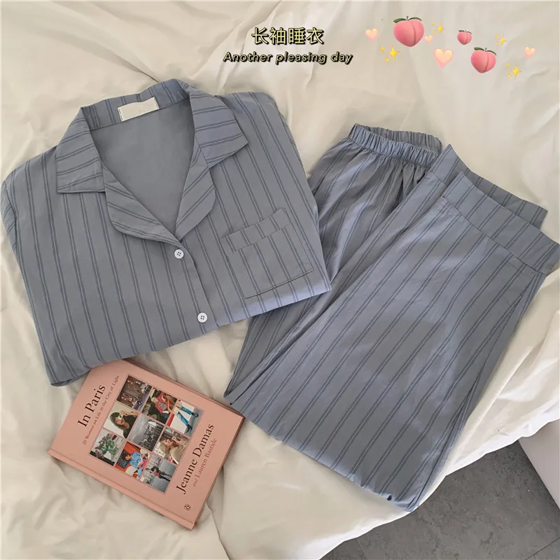 

cotton Womens Pajamas set Sleepwear Two Piece Set Pijama long Sleeve Shirt Night Suits Student Pyjama Summer casual Homewear set