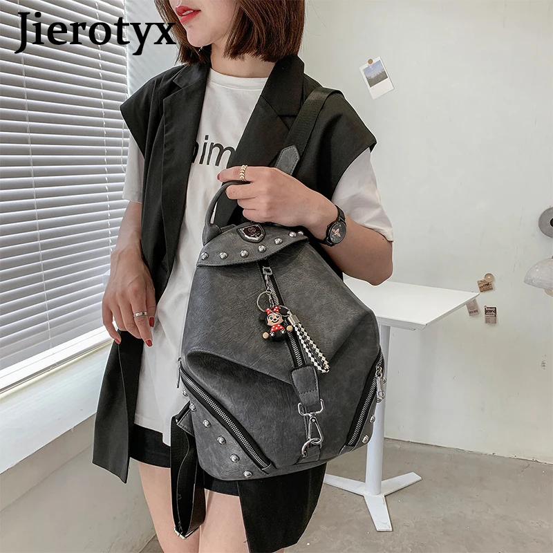 JIEROTYX Women Backpack Large Capacity Travel School Bags Fashion Punk British Style Female Rivets Shoulder Bags High Quality