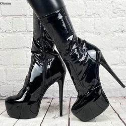 Olomm Handmade Women Winter Mid Calf Boots Zipper Patent Leather Thin High Heels Round Toe Black Club Shoes Plus US Size 5-20