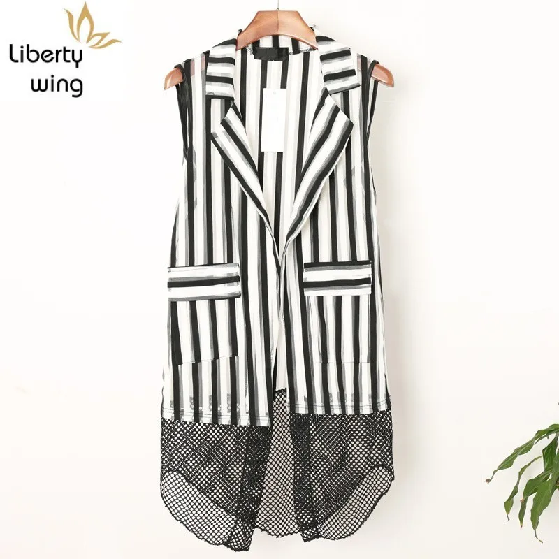 Fashion Men Striped Long Vest Summer Slim Lapel Sleeveless Jacket High Street Black Personality Casual Hollow Waistcoat M-2XL