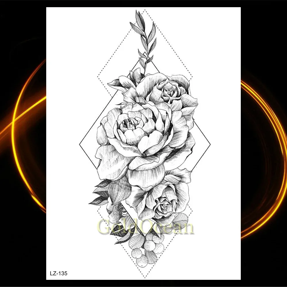 Pencil Sketch Flower Temporary Tattoos Sticker Women's Fashion Body Art Arm Wasit Tatoos Fake Black Rose Waterproof Tattoo Decal