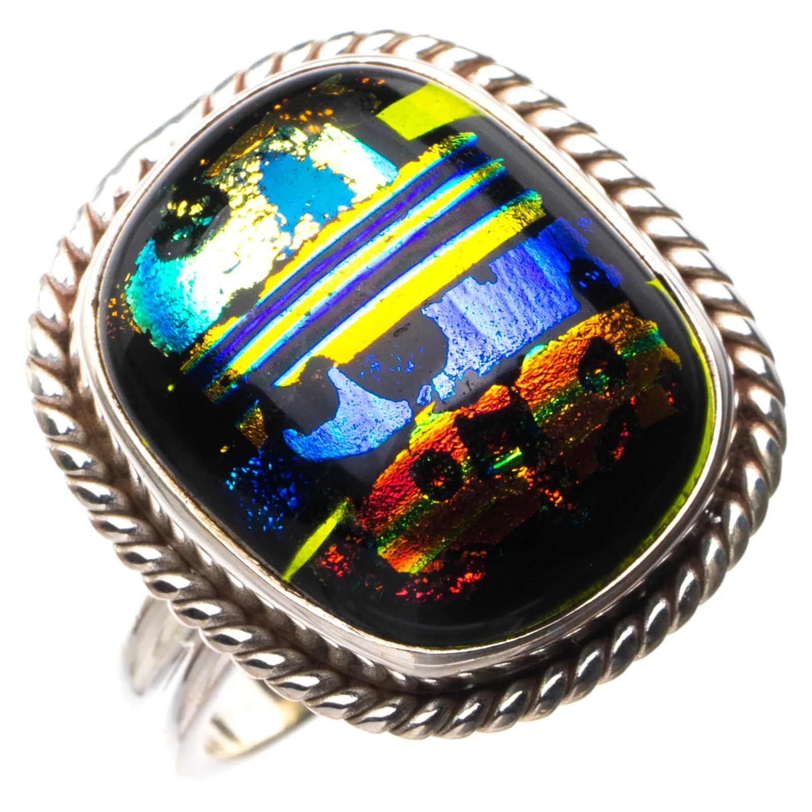 StarGems Natural Rainbow Dichroic Glass Handmade 925 Sterling Silver Ring 6.25 E2378