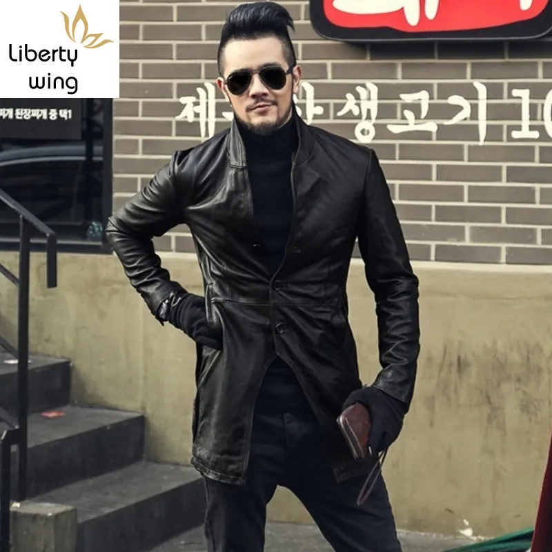 

Street 100% Genuine Sheepskin Coat Men Spring Autumn Slim Fit Single Breasted Business Long Jacket Black Casual Formal Outerwear