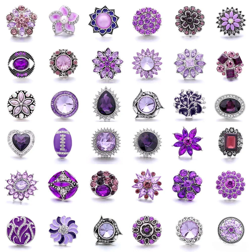 5pcs/lot Rhinestone Snap Button Purple Flower Snap Button Charm for Metal Snap Button Charm Fit 18mm Snap Jewelry For Women