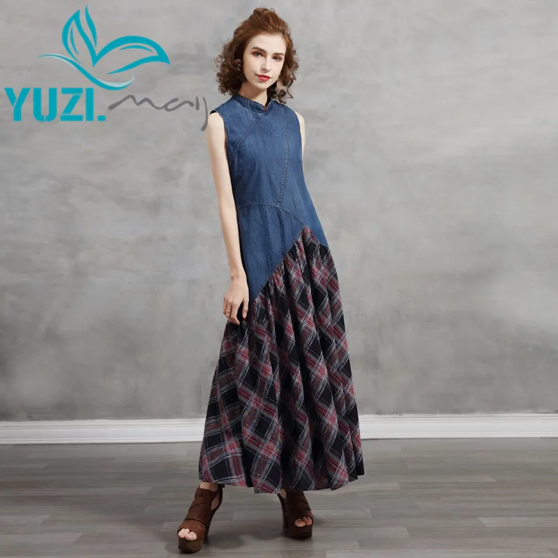 

Summer Dress 2021 Yuzi.may Boho New Denim Women Dresses Stand Collar Sleeveless Patchwork Hem Vintage Vestidos A82300 Vestido