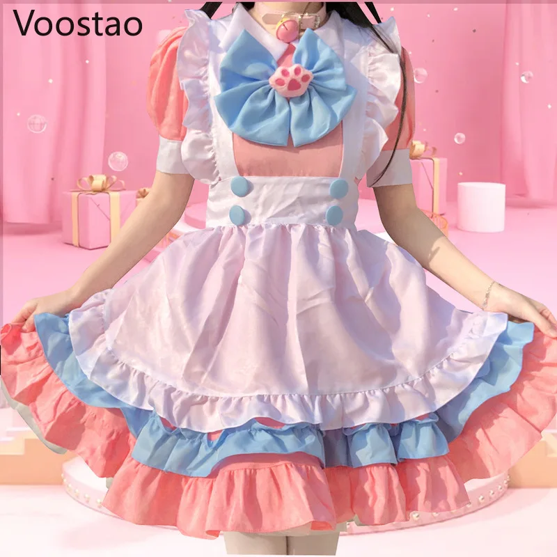 Vestito dolce giapponese Lolita vestito da donna carino rosa blu increspature di pizzo fiocco di zampa di gatto vestito Lolita ragazza Kawaii vestito da cameriera da festa 4XL