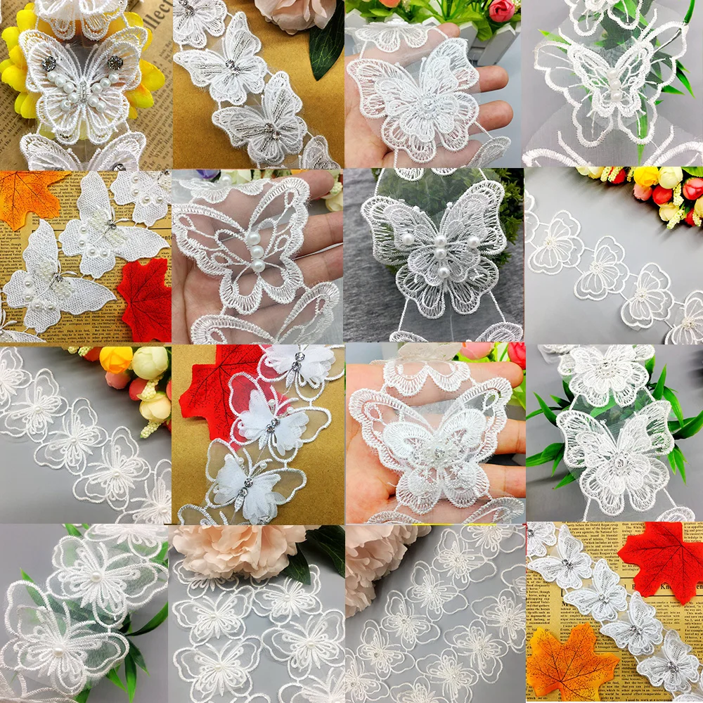 

1 Yard Butterfly Pearl Beaded 3D Flower Rhinestone Lace Edge Trim Embroidered Applique Ribbon Fabric Wedding Dress Sewing Craft