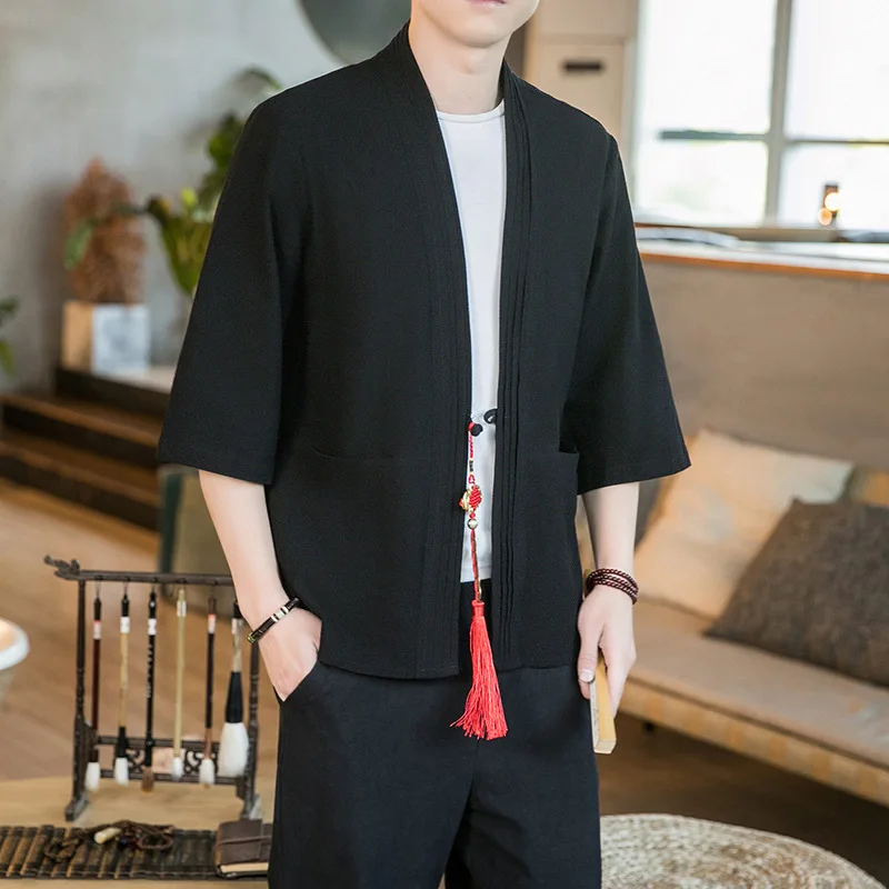 

#4230 Summer2023 Mens Kimono Cardigan Jacket Short Sleeved Loose Plus Size 5XL Vintage Men Kimono Coat Black Blue Red Grey Beige