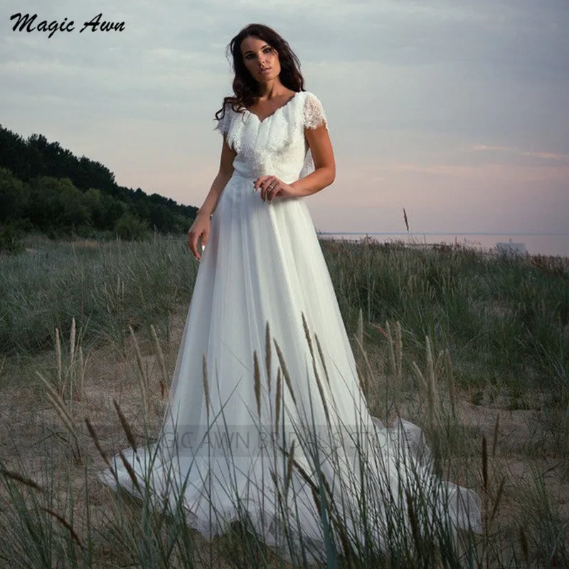 Magic Awn-vestidos de boda bohemios para mujer, Apliques de encaje con cuello en V, tul de estilo campestre, corte en A, Abito Da Sposa, 2022