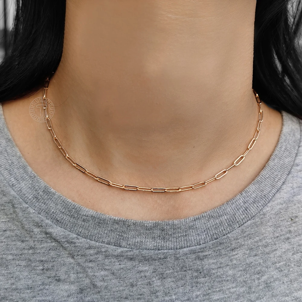 3/4mm Paperclip Chain Necklace For Womens 585 Rose Gold Color Rolo Link Fashion Jewelry Gifts 20/24 inch LCN43