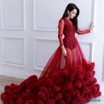 Sexy Red Frauen Sheer Sehen Durch Lange Tüll Kleider Puffy Rüschen Röcke Langen Ärmeln Kleid Für Frauen Party Kleid vestidos