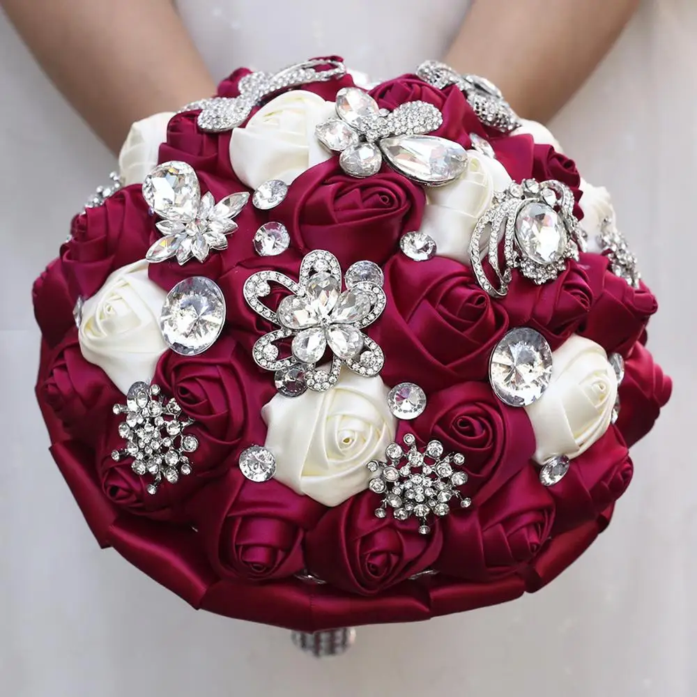 Janevini Mewah Fuchsia Berlian Buatan Bunga Pernikahan Karangan Bunga Kristal Buatan Satin Mawar Bridal Bouquet untuk Pernikahan Aksesoris