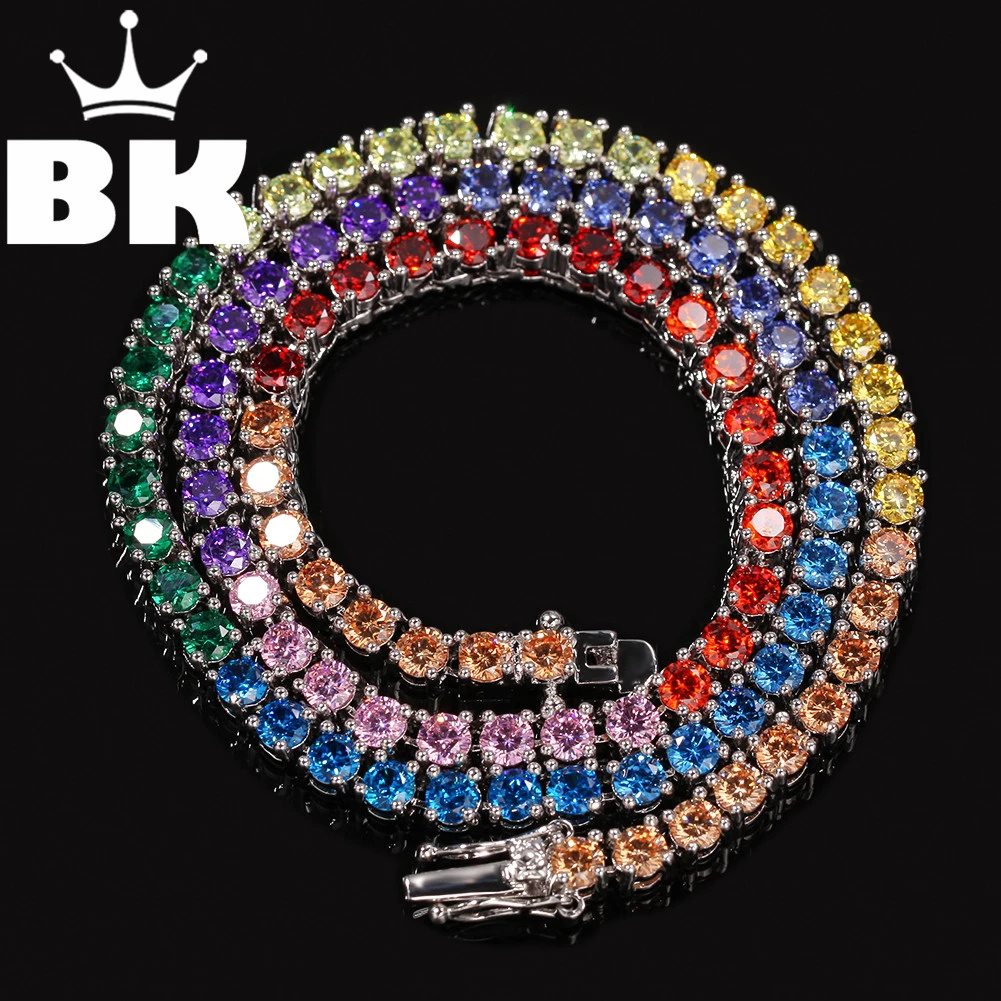 

THE BLING KING 1 Row colorful 4mm CZ Tennis lovely Necklace Copper Hip Hop Round Cut Iced Out Cubic Zirconia Mens Jewelry