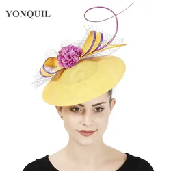 New Design Yellow With Purple Hair Fascinator Hat Headband Bridal Wedding Party Headpiece Mesh Ladies Occasion Hair Accessories
