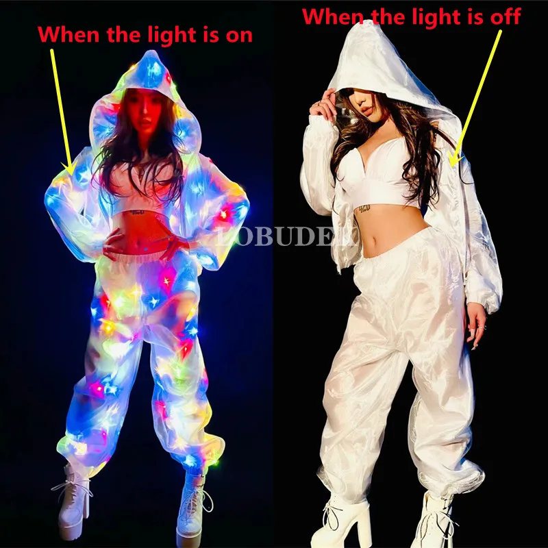 

Colorful LED Bright Dance Costume Jacket Pants 2 Piece Set Women Dancer Singer Nightclub Stage Wear Holiday Carnival Rave Outfit