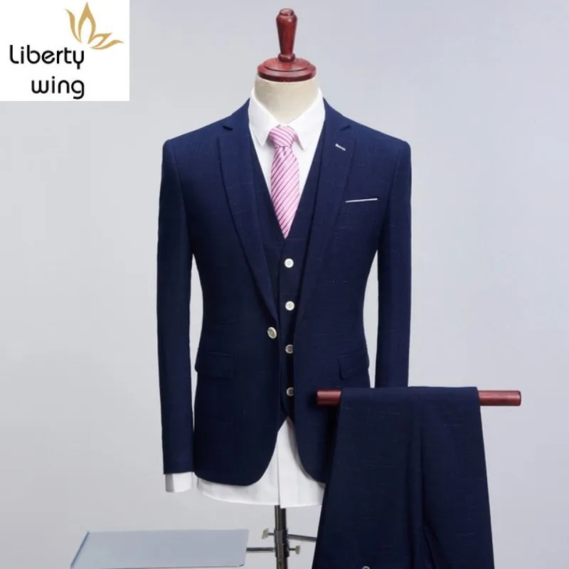 

2020 Brand Groom Wedding Men Slim Fit Black Blue Plaid Suits Mens Fashion Male Business Dress Formal Luxury Suit Tuxedo
