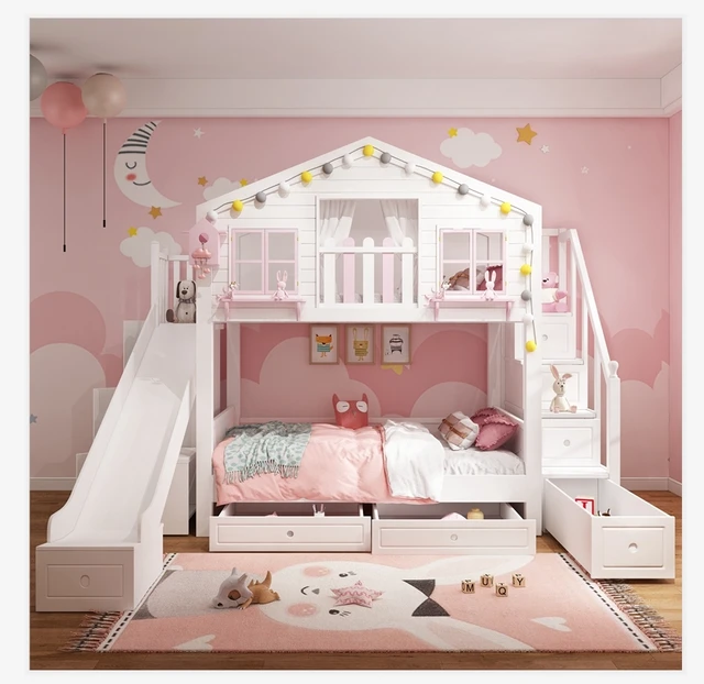 2階建ての子供用ベッド,木のおもちゃ,プリンセス,城のベッド,無地 - AliExpress