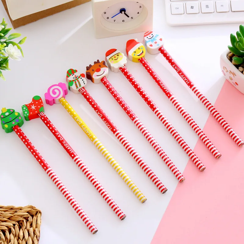 

48PCS Cartoon New Santa Pencil Cartoon with Eraser Christmas Pencil HB Student Pencil School Supplies