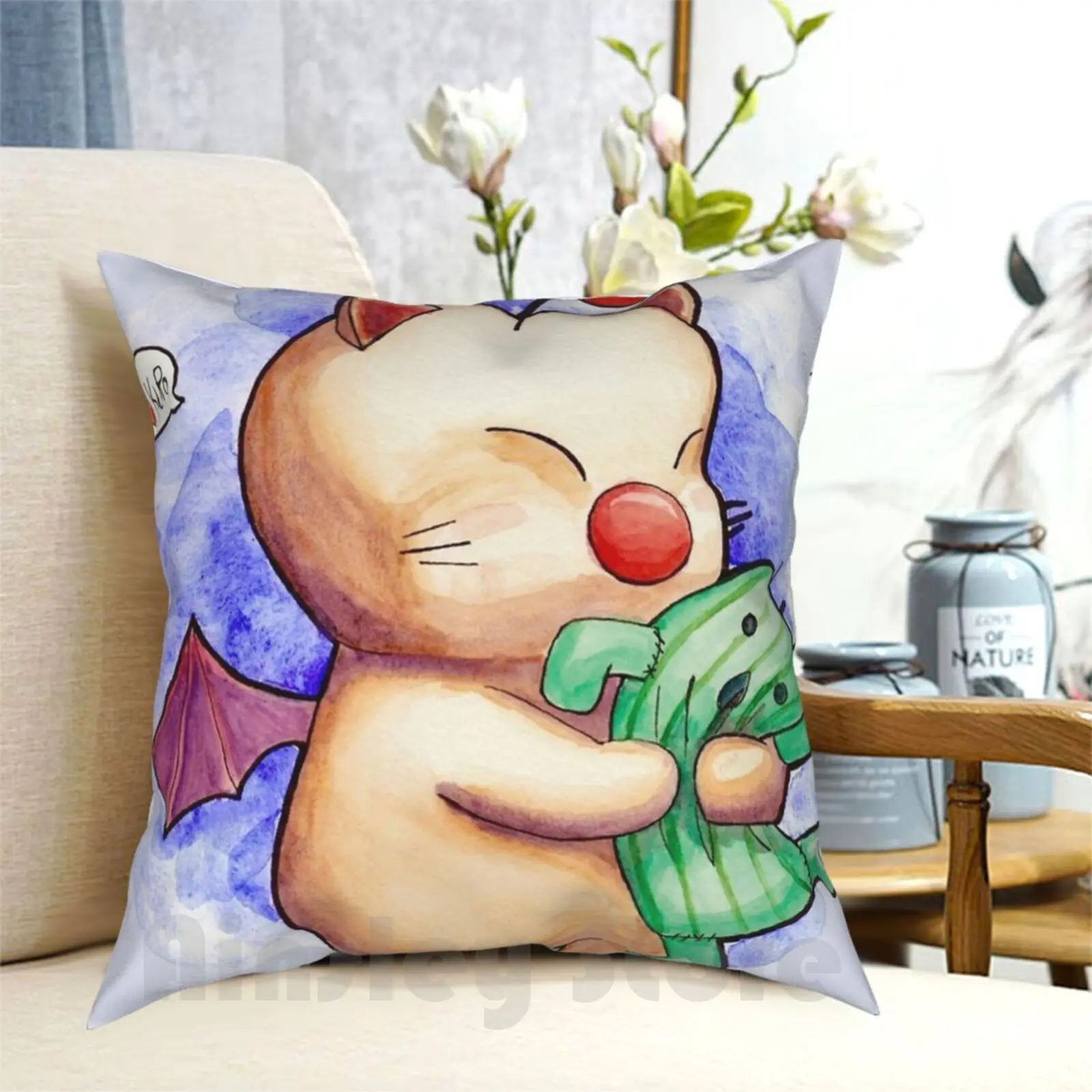 Moogles Favorite Cactaur Plush Pillow Case Printed Home Soft Throw Pillow Moogle Cactaur Kupo Final Fantasy Watercolor