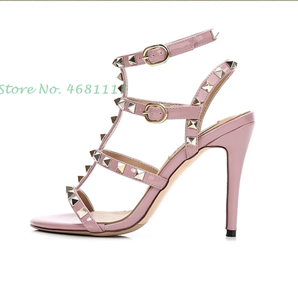 2022 Cross Tied Rivet Heeled Sandals Round Toe Buckle Strap Super High Stiletto Heel Sexy Office Ladies Designer Shoes For Women