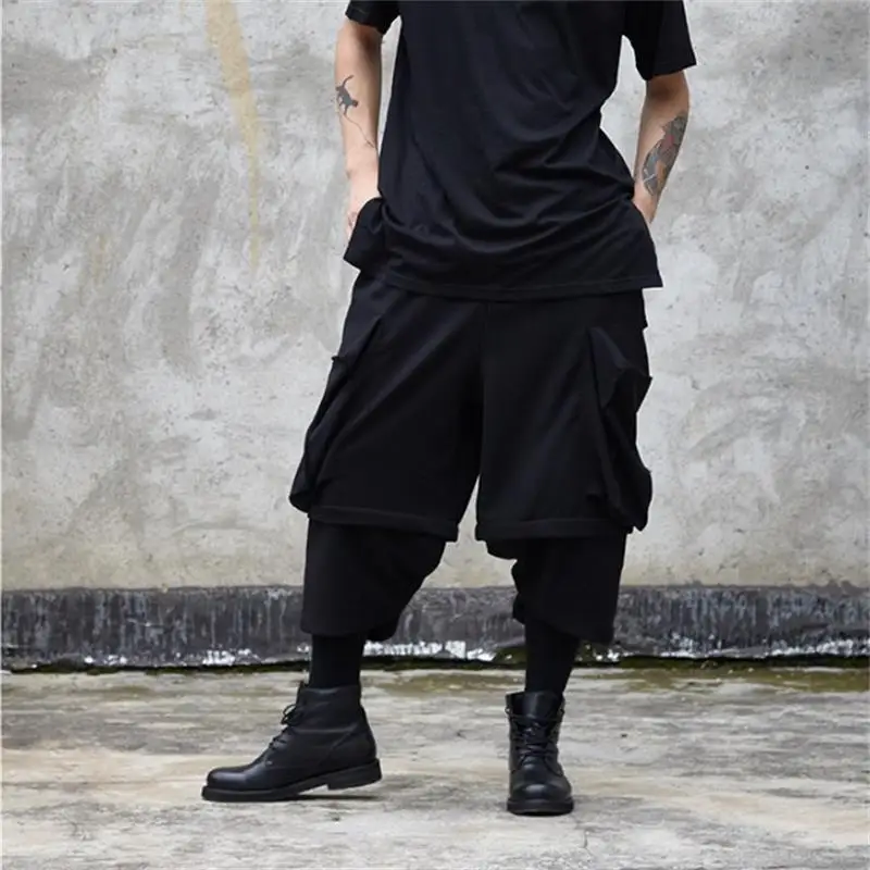 Men\'s nine split pants Spring/summer yamamoto style men\'s loose wide leg pants fake two skirt pants big pocket trend