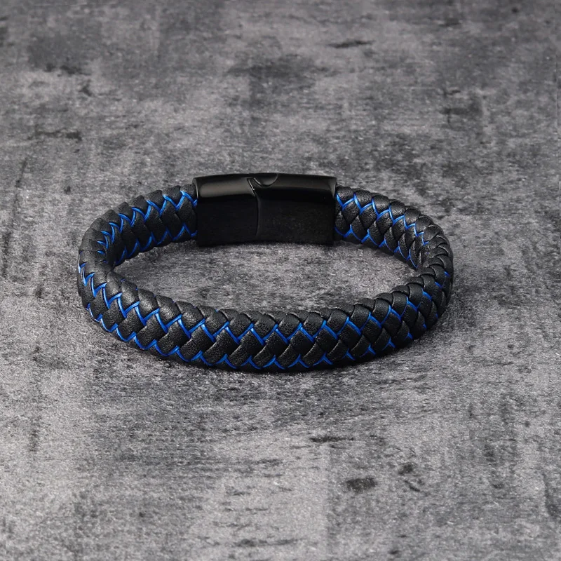 Trendy Red Genuine Leather Bracelet for Men Jewelry Multicolor Stainless Steel Magnetic Clasp Braided Wristband Male Punk Gift