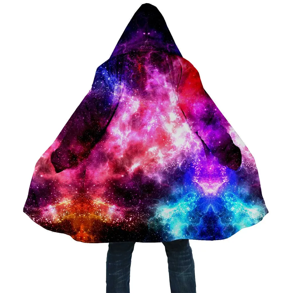 

2021 Winter Mens Cloak Space Galaxy Paisley Nebula 3D full Printing Fleece Hooded Coat Unisex Casual Thick Warm Cape coat PF54