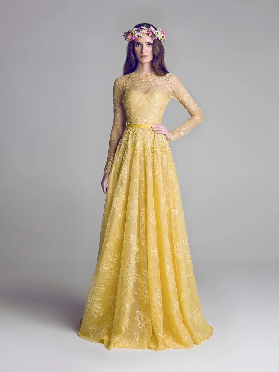 Robe De demoiselle d'honneur en dentelle jaune à manches longues, ligne A transparente, B3028