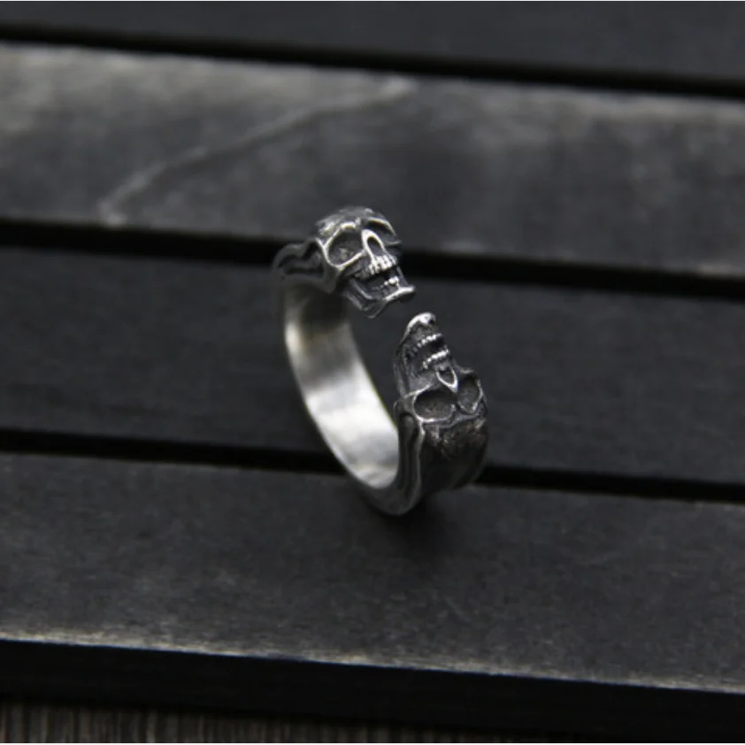 Unibabe Pure silver skull Fashion Open Ring men women Real silver Double skull Rings Male 925 silver ring Jewelry gift