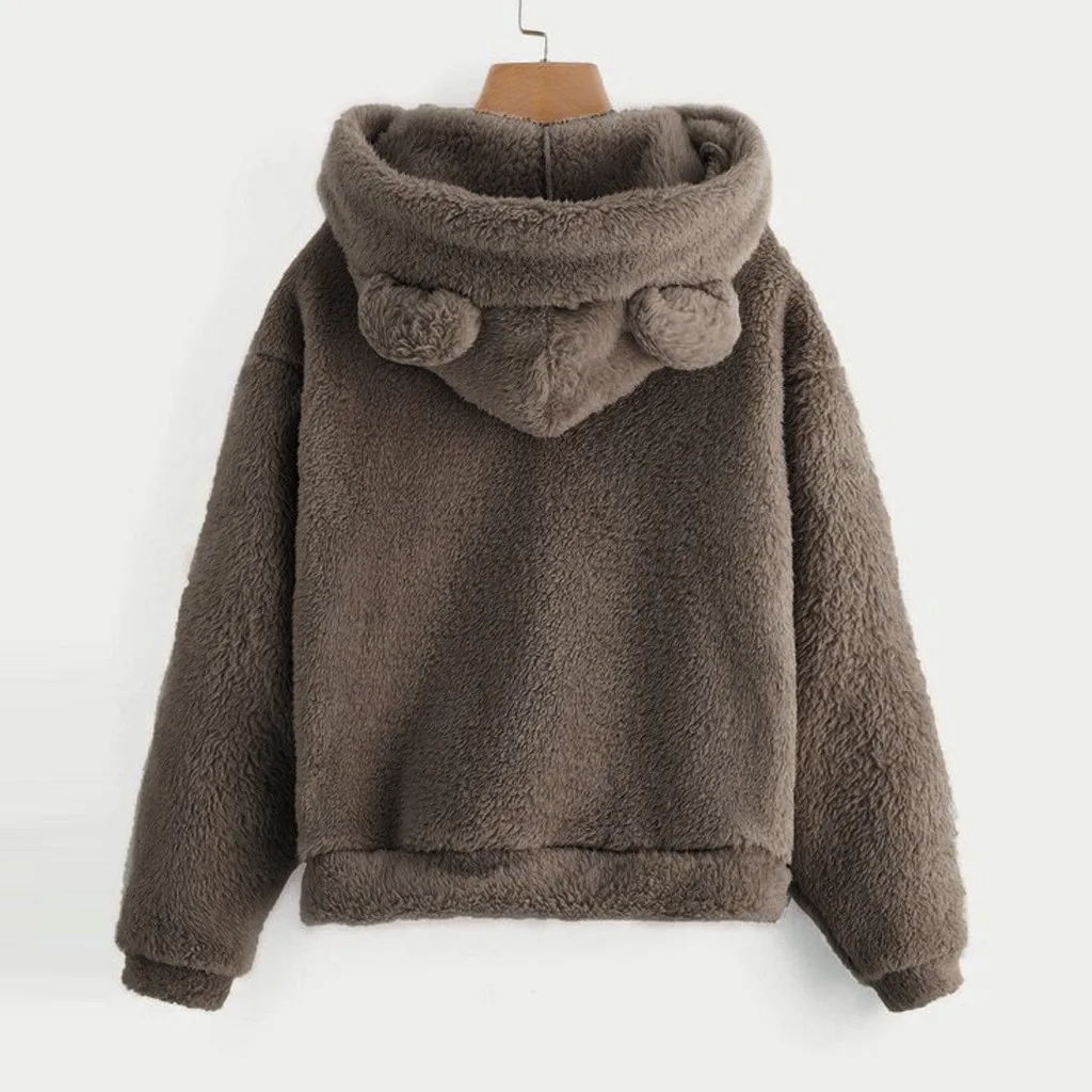 Winter Thick Warm Plush Coat Velvet Cashmere Women Hoody Sweatshirt Long Sleeve Fleece Warm Bear Shape Fuzzy Hoodie Pullover Top