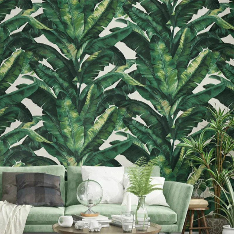 Heavy Weight Banana Leaf Tropical Wall Paper Green Plant Living Room Background Black Vinyl Wallpapers Roll,Grey,White