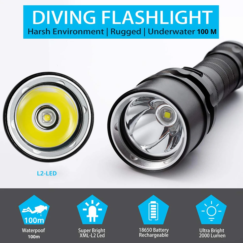 Potente linterna LED de buceo superbrillante T6/L2, antorcha subacuática profesional, lámpara de clasificación impermeable IP68 con batería 18650