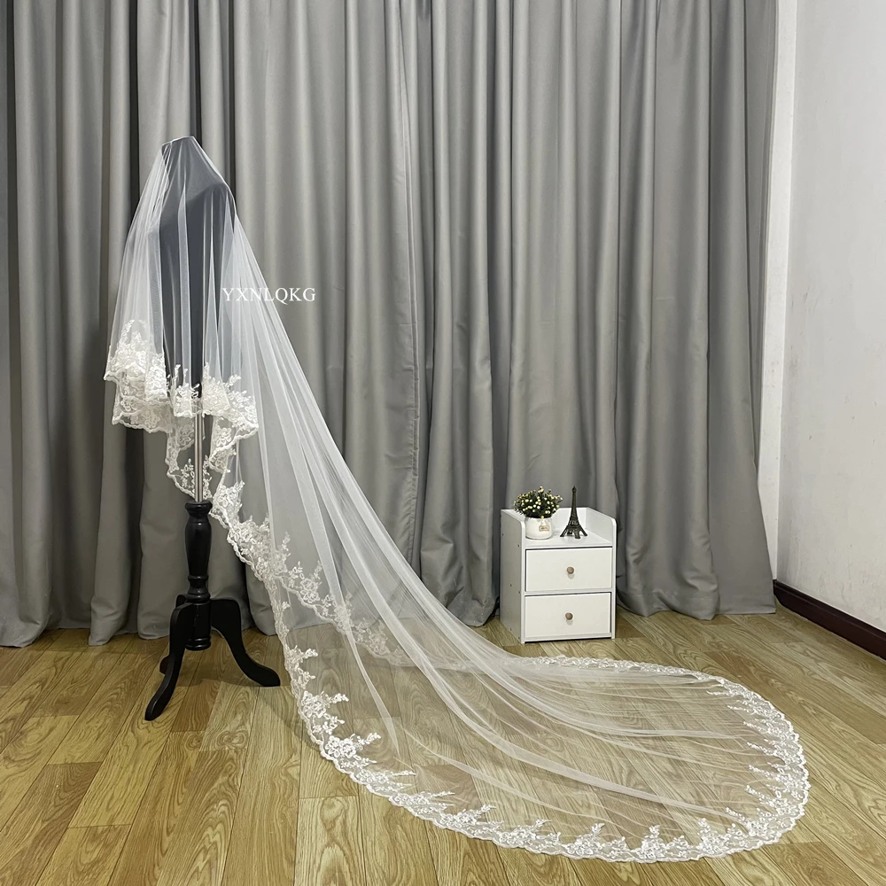 Nuovo velo da sposa lungo 3M di lusso Applique completa uno strato di velo di lunghezza cattedrale sul bordo due usi con pettine con filo d\'argento