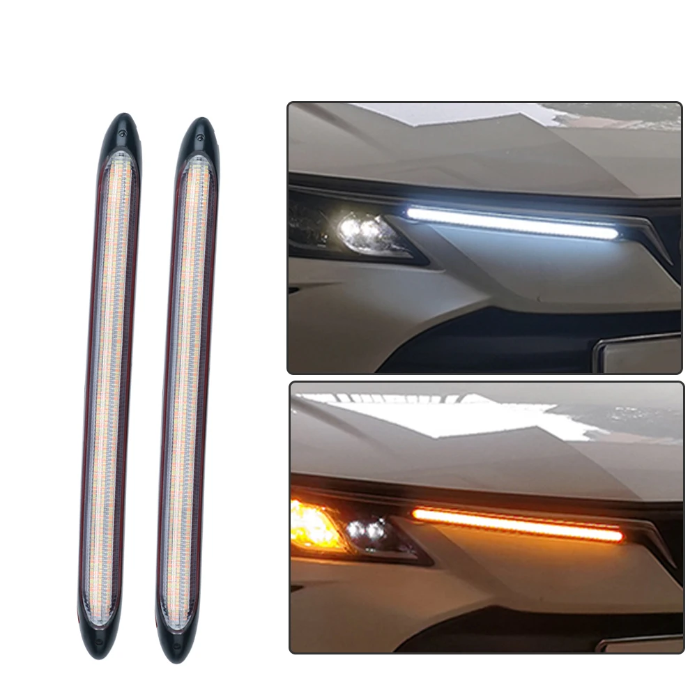 2pcs Car LED DRL Daytime Running Light Waterproof Flexible Strip Headlight Sequential Dynamic Flow Turn Signal Yellow Lights 12V