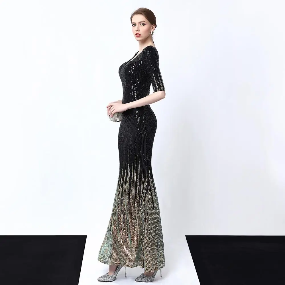 Wei yin – robe longue de forme sirène, luxueuse tenue de soirée noire, manches mi-longues, col en v, paillettes scintillantes, Sexy, AE0338, 2023