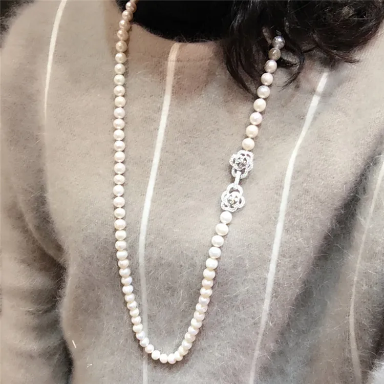 Hot sell 8-9mm 80cm white natural freshwater pearl necklace long sweater chain fashion jewelry