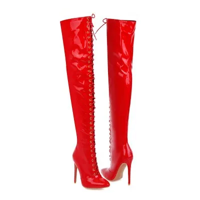 

Sexy Mirror Leather Thigh High Boots Women High Heels Over The Knee Boots For Women Point Toe White Red Fetish Party Long Shoes