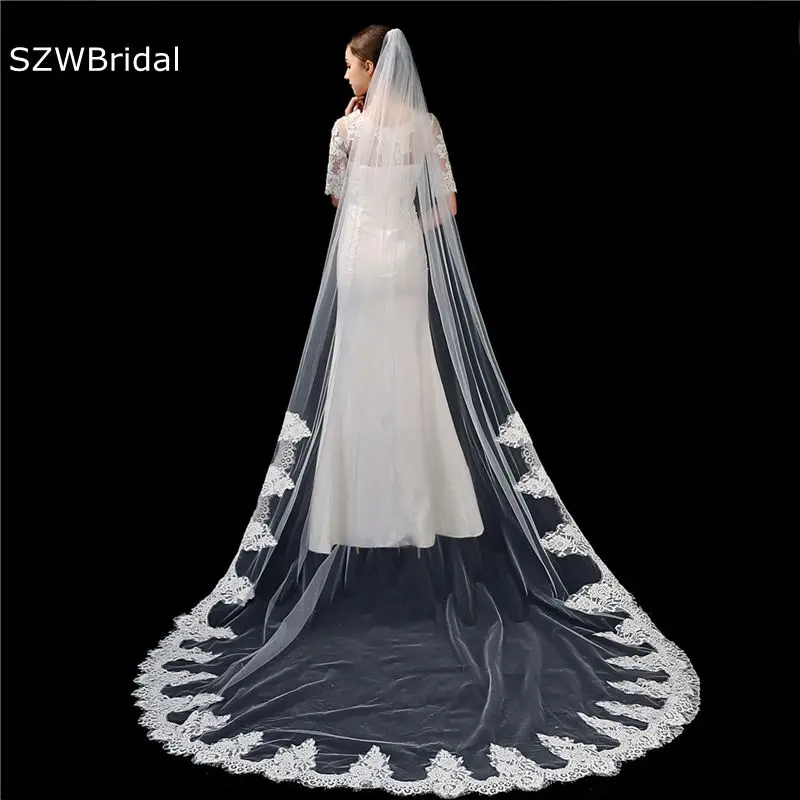 New Arrival 3 Meter White Ivory Wedding Veil Lace Appliques Bridal Veils Casamento Welon matrimonio Cheap bride accessories