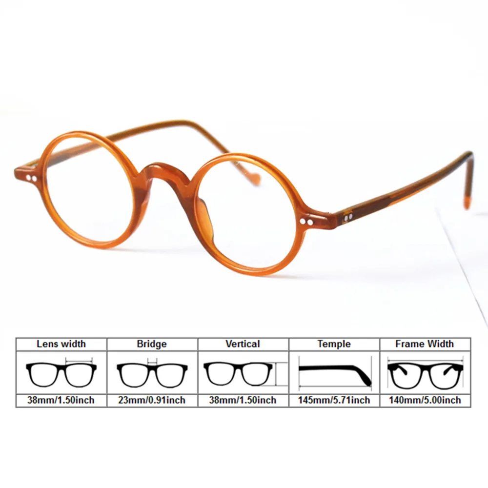 Vintage Small Round Reading Glasses Orange Gold Full Rim 38mm +125 +175 +225 +275 +325 +375 +425 +475 +525 +575 +600