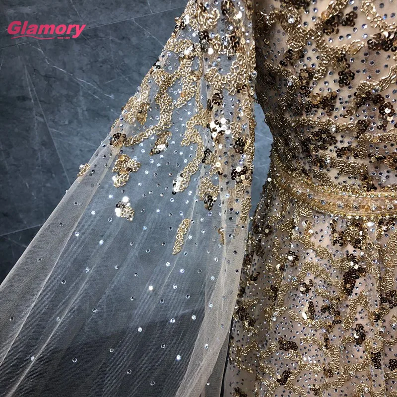 2021 New Arrival Gold Prom Dress Long Sleeves O-neck Luxury Beading Evening Dress