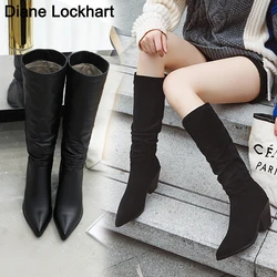 Autumn Winter Wedge heel pleated boots Woman knee high Boots Western Cowboy Boot Chunky Heels Faux Suede botas mujer 32 42 41