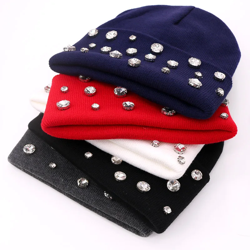 Casual Autumn Winter Rhinestones Knitted Beanie Hat Cap for Women Soft Warm Black Acrylic Bonnets Skullies for girls ladies