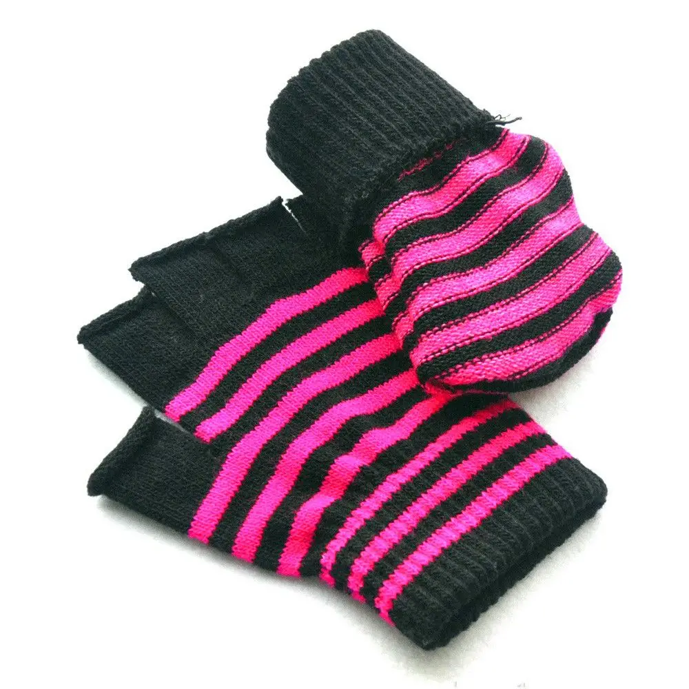 Unisex Fingerless Warm Winter Elastic Knit Mittens Thicken Striped Knitted Gloves