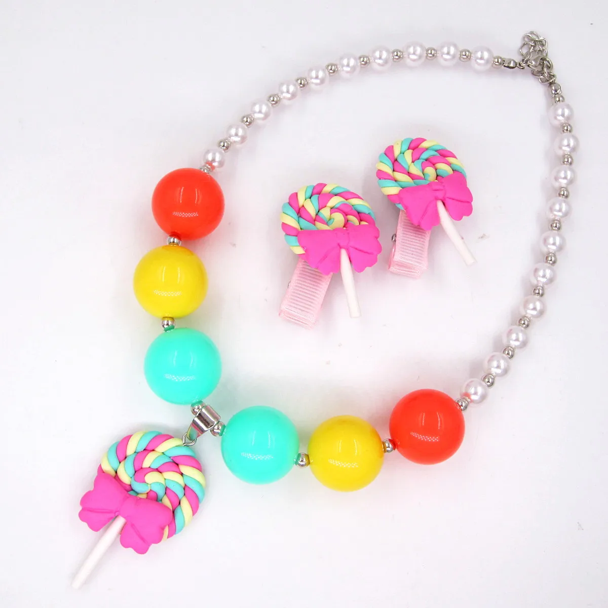 New Arrival Child Girls Lovely Birthday Gift Bow Lollipop Hair Clip Pin Chunky Beaded Necklaces Jewelry Set Toy For Kids Girls