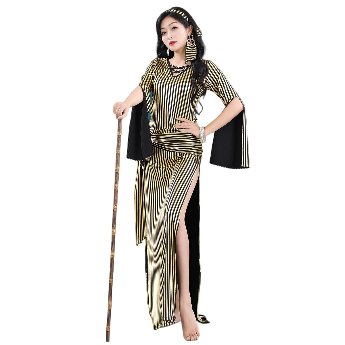 Belly Dance Nancy Galabeya Dress Costume Stretchy Baladi Saidi Handmade Egypt Outfit Long Slit Gold Strip for Dancer Performance