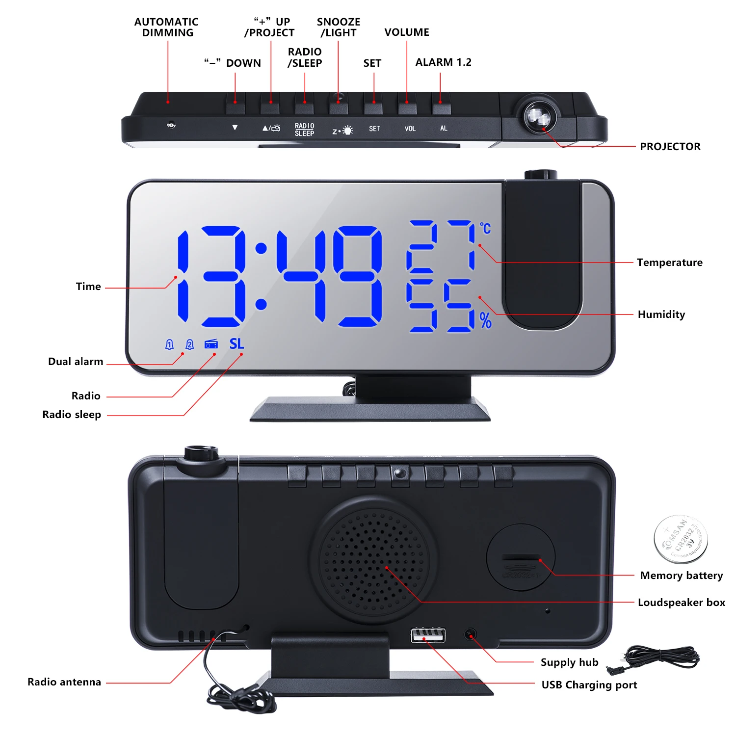 LED Digital Alarm Clock Watch Table Electronic Desktop Clocks USB Wake Up FM Radio Time Projector Snooze Function 2 Alarm