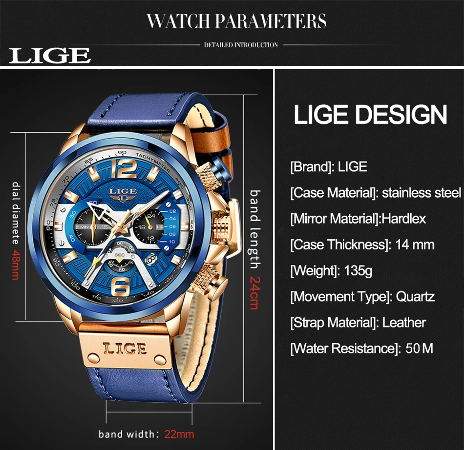 2023 LIGE Casual Sports Watch for Men Top Brand Luxury Military Leather Wrist Watches Mens Clocks Fashion Chronograph Wristwatch