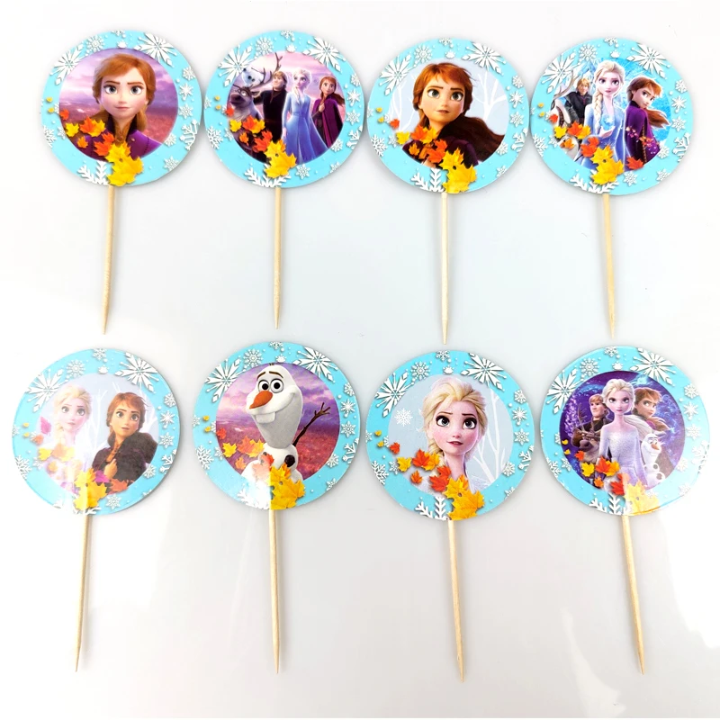 24pcs/lot Kids Girls Favors Birthday Party Disney Frozen Theme Elsa Cupcake Toppers Decorate Baby Shower Cake Topper With Sticks