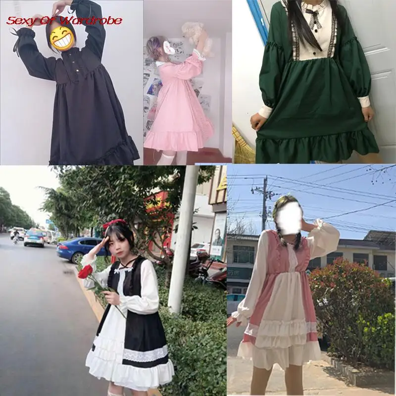 Japanese Sweet Kawaii Cute Lolita Women Fashion Loose Leisure Black Dress Korea Harajuku Lace Splice Long Sleeve Dress 2023