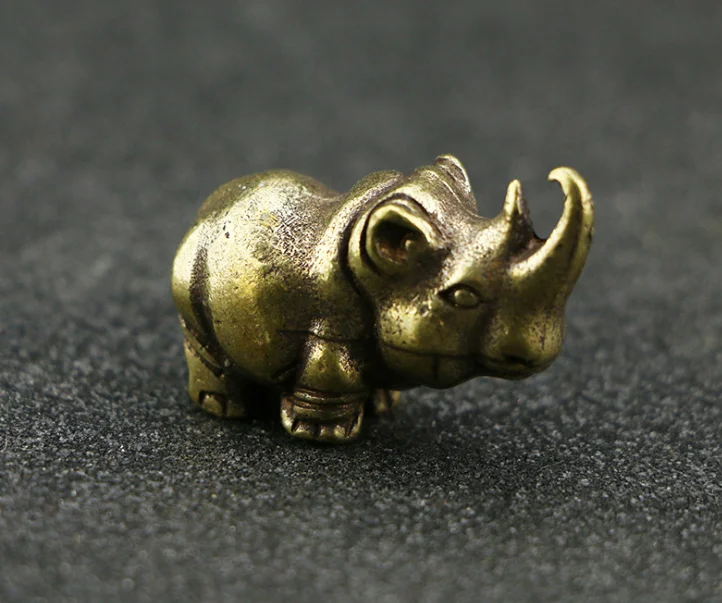 Handmade Solid Brass Rhino Craft Miniature Desktop Decoration Exquisite DIY Ornament Antique Collection Fitting Home Decor